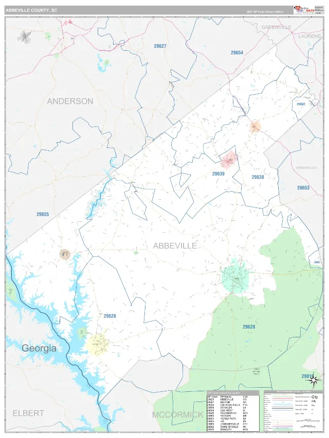 Abbeville County, SC ZIP Code Wall Map, Classic style