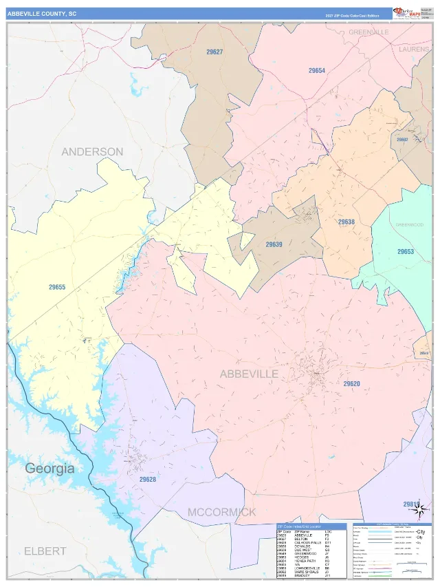 Abbeville County, SC ZIP Code Wall Map, ColorCast style