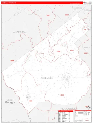 Abbeville County, SC RedLine style ZIP Code wall map