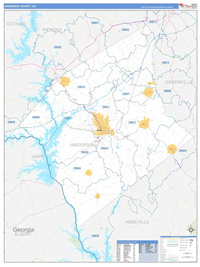 Anderson County, SC ZIP Code Wall Map, Business Reference style