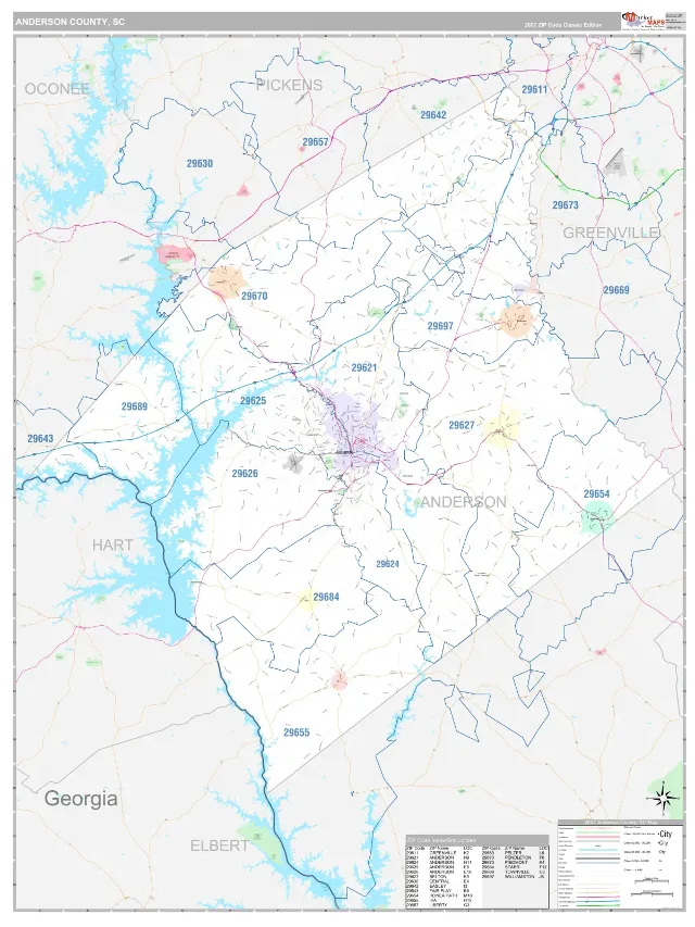 Anderson County, SC ZIP Code Wall Map, Classic style