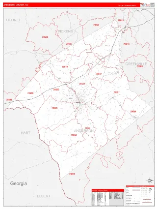 Anderson County, SC RedLine style ZIP Code wall map