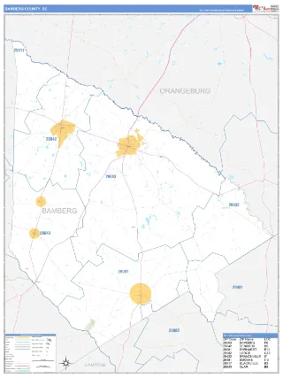 Bamberg County, SC Business Reference style ZIP Code wall map