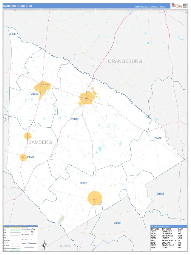Bamberg County, SC ZIP Code Wall Map, Business Reference style