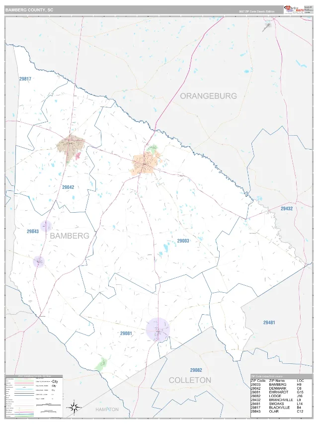 Bamberg County, SC ZIP Code Wall Map, Classic style