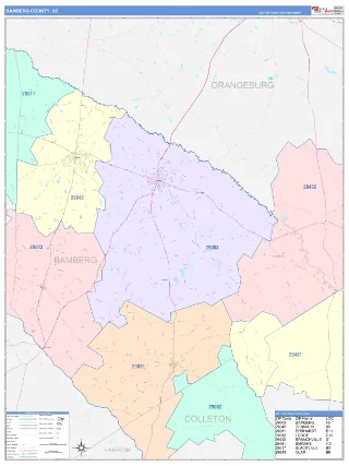 Bamberg County, SC ColorCast style ZIP Code wall map