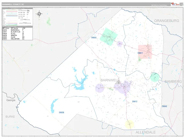 Barnwell County, SC ZIP Code Wall Map, Classic style