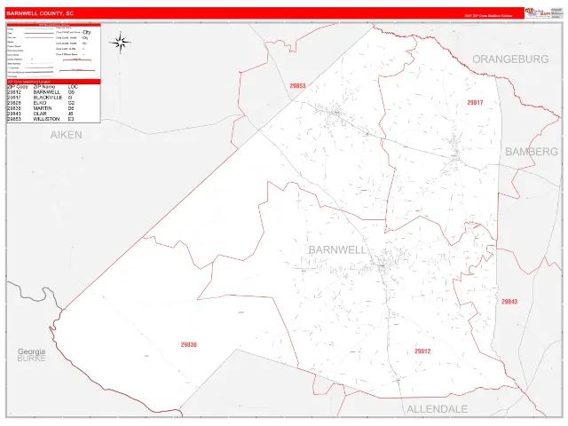 Barnwell County, SC ZIP Code Wall Map, RedLine style