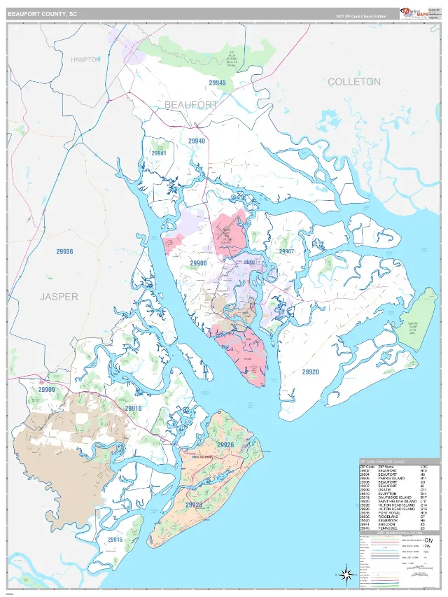 Beaufort County, SC ZIP Code Wall Map, Classic style