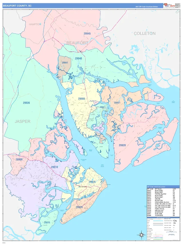 Beaufort County, SC ZIP Code Wall Map, ColorCast style