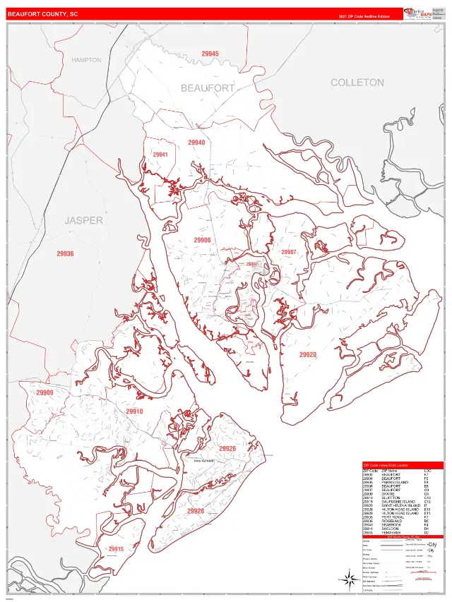 Beaufort County, SC ZIP Code Wall Map, RedLine style