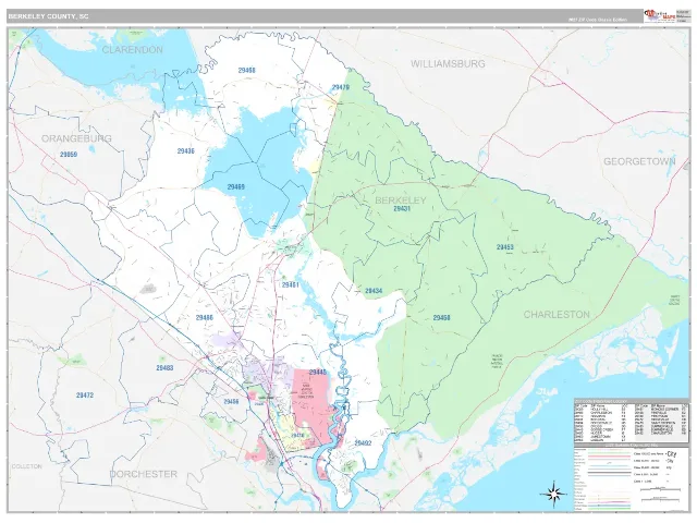 Berkeley County, SC ZIP Code Wall Map, Classic style