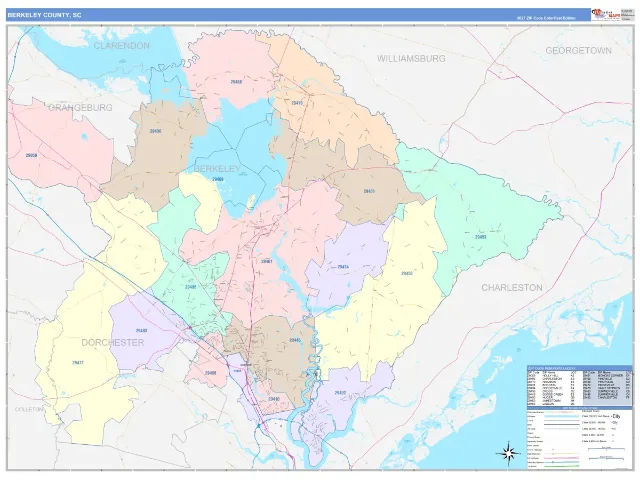 Berkeley County, SC ZIP Code Wall Map, ColorCast style