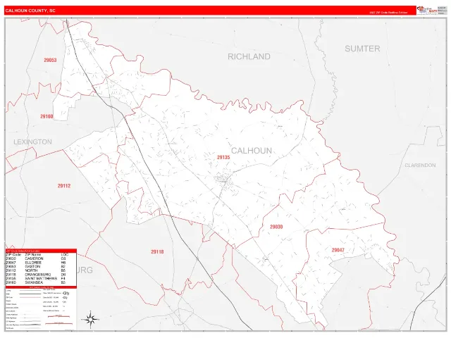 Calhoun County, SC ZIP Code Wall Map, RedLine style