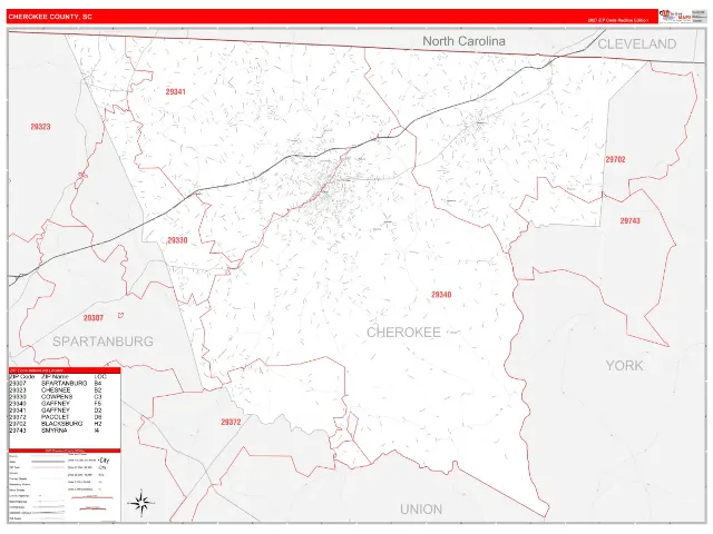 Cherokee County, SC ZIP Code Wall Map, RedLine style