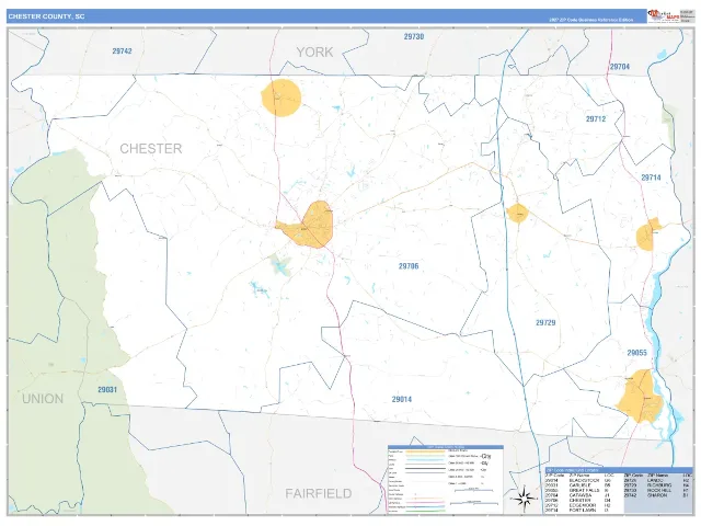Chester County, SC ZIP Code Wall Map, Business Reference style