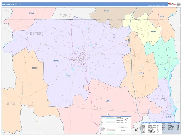 Chester County, SC ZIP Code Wall Map, ColorCast style
