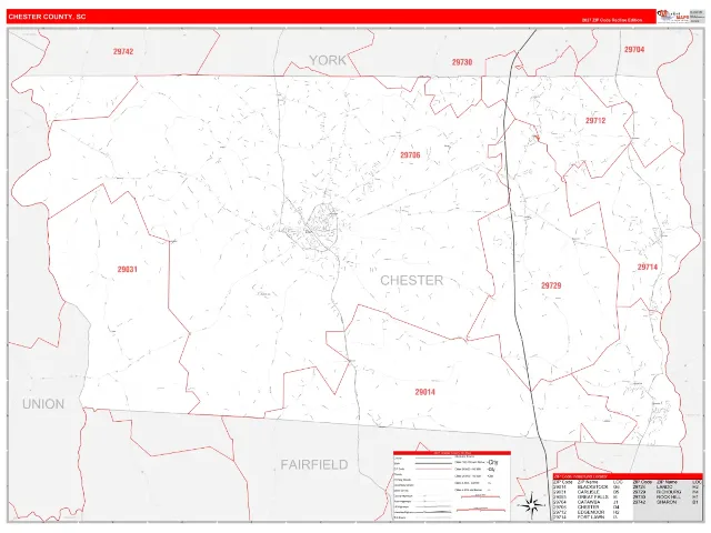 Chester County, SC ZIP Code Wall Map, RedLine style