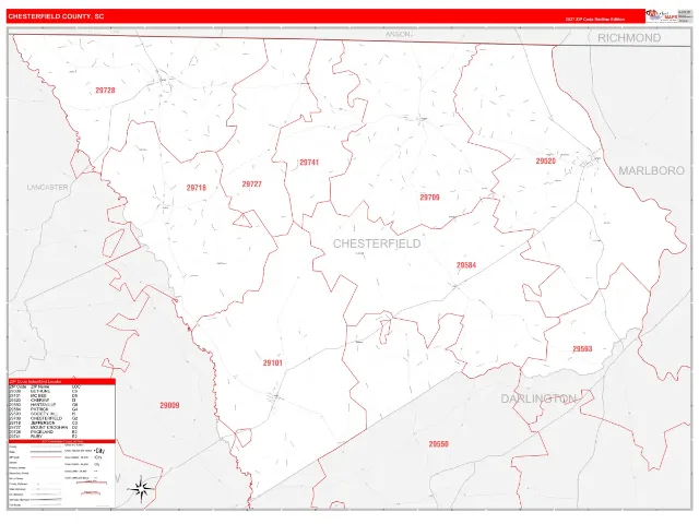 Chesterfield County, SC ZIP Code Wall Map, RedLine style