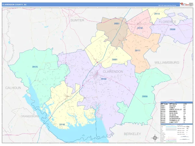 Clarendon County, SC ZIP Code Wall Map, ColorCast style