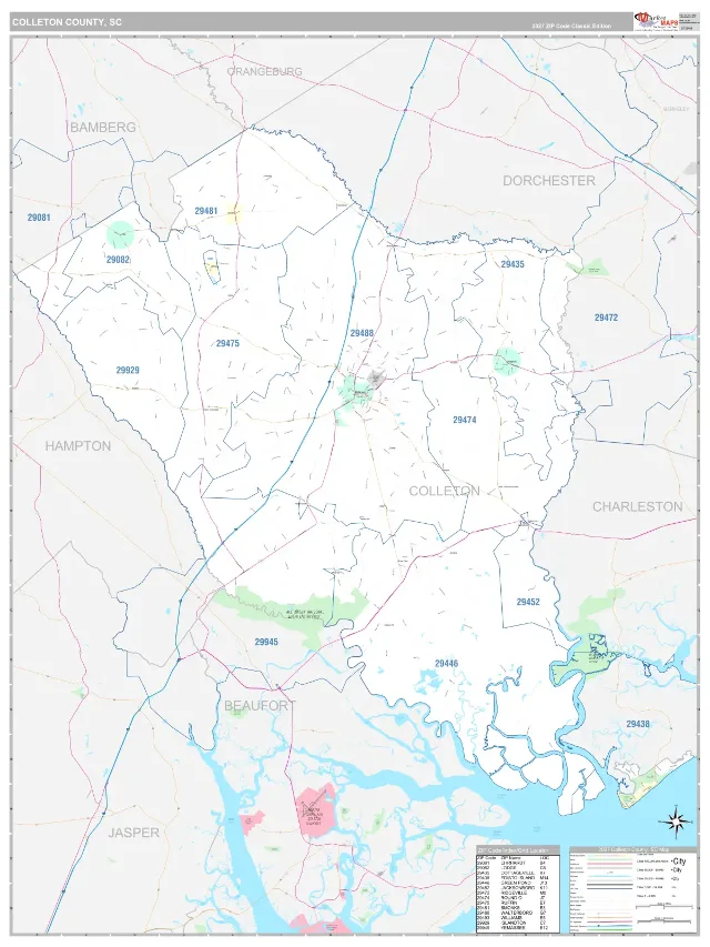 Colleton County, SC ZIP Code Wall Map, Classic style