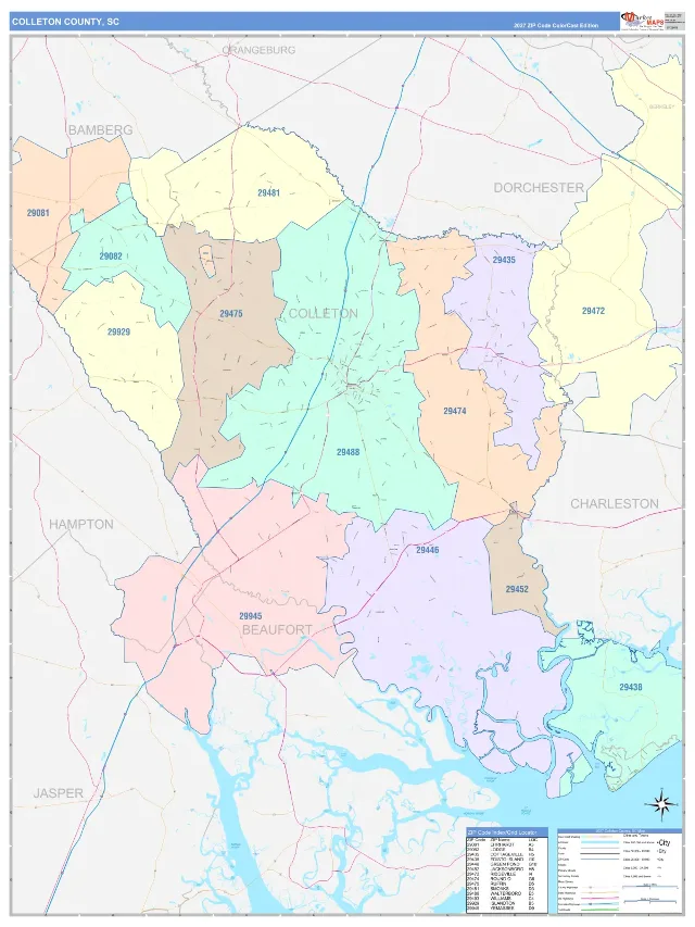 Colleton County, SC ZIP Code Wall Map, ColorCast style