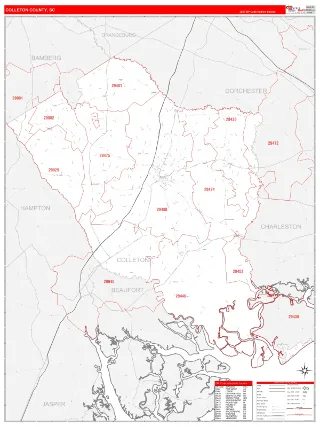 Colleton County, SC RedLine style ZIP Code wall map