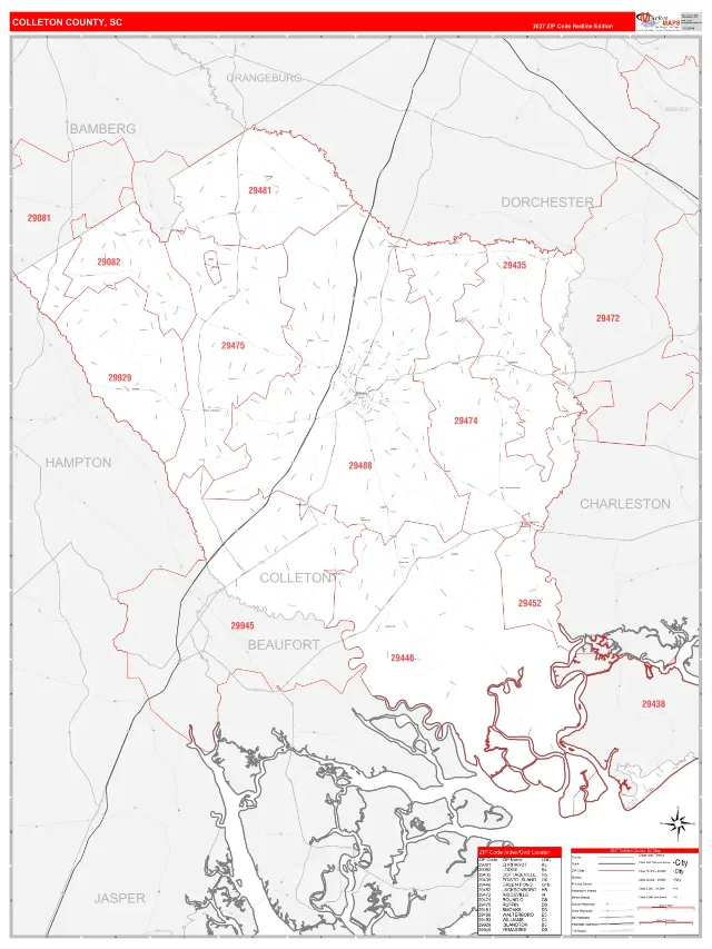 Colleton County, SC ZIP Code Wall Map, RedLine style