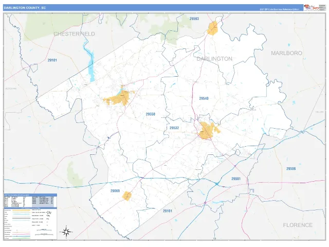 Darlington County, SC ZIP Code Wall Map, Business Reference style