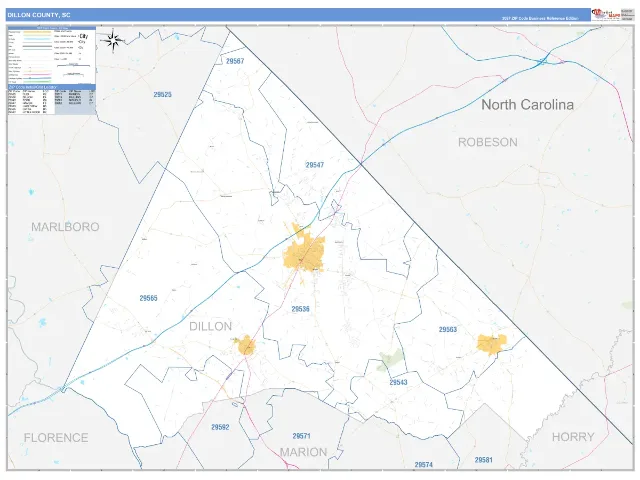 Dillon County, SC ZIP Code Wall Map, Business Reference style
