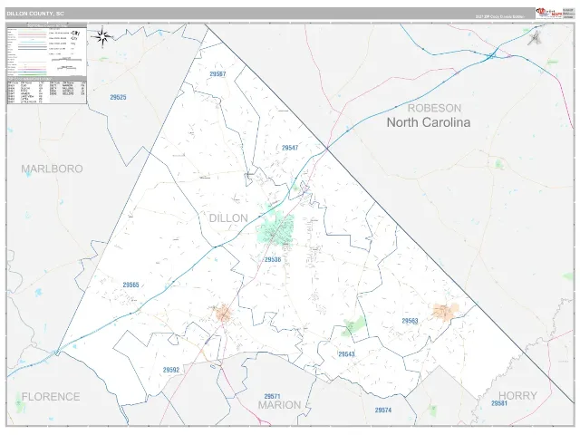 Dillon County, SC ZIP Code Wall Map, Classic style