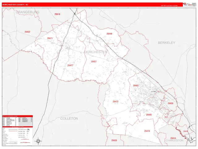 Dorchester County, SC ZIP Code Wall Map, RedLine style