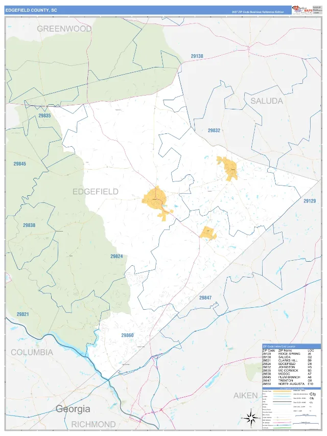 Edgefield County, SC ZIP Code Wall Map, Business Reference style