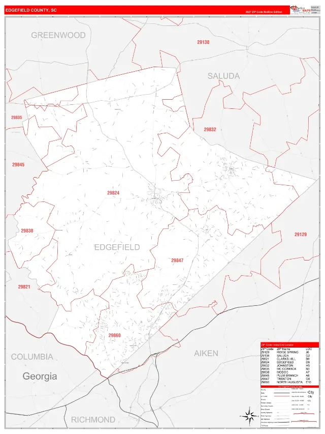 Edgefield County, SC ZIP Code Wall Map, RedLine style