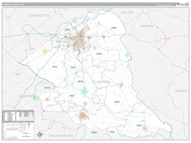 Florence County, SC ZIP Code Wall Map, Classic style