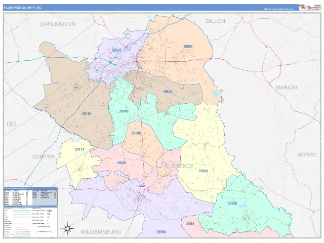 Florence County, SC ZIP Code Wall Map, ColorCast style