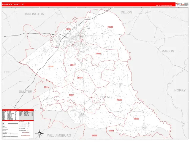 Florence County, SC ZIP Code Wall Map, RedLine style