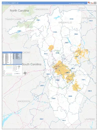 Greenville County, SC Business Reference style ZIP Code wall map