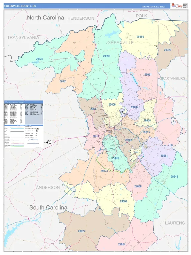 Greenville County, SC ZIP Code Wall Map, ColorCast style