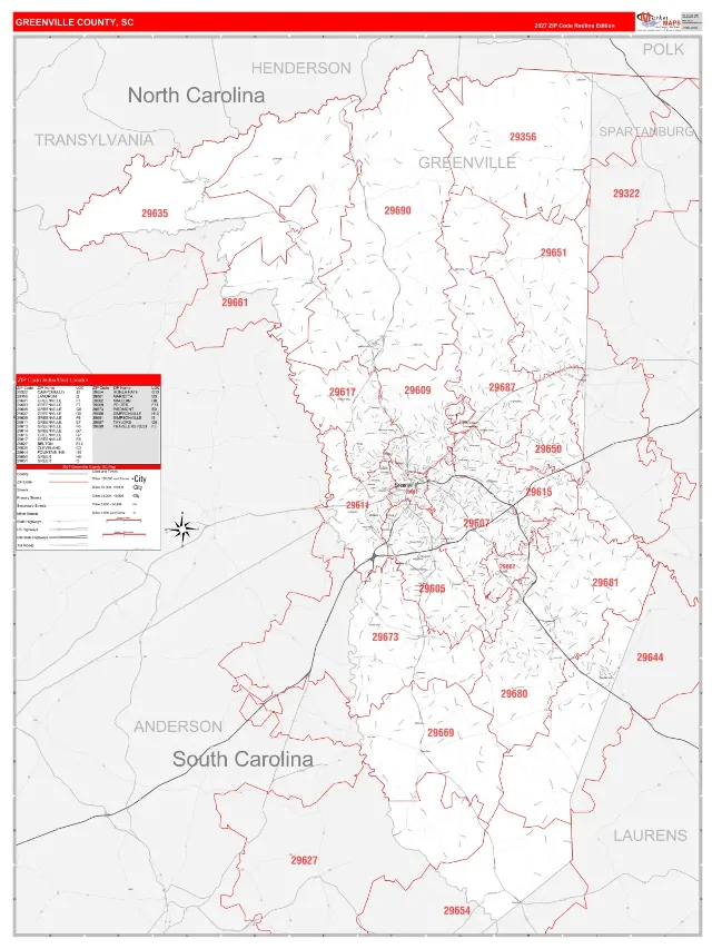 Greenville County, SC ZIP Code Wall Map, RedLine style
