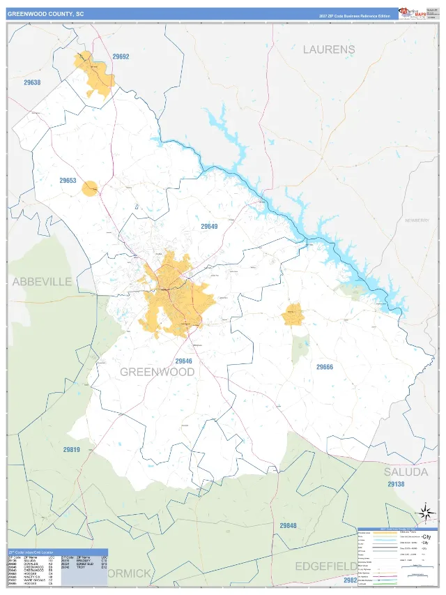 Greenwood County, SC ZIP Code Wall Map, Business Reference style