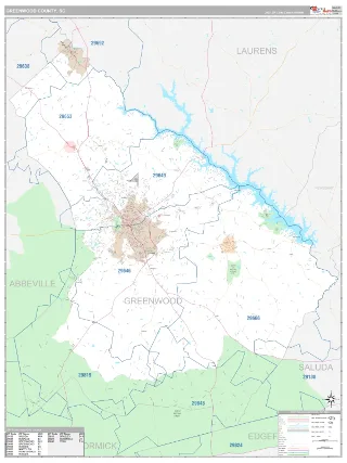 Greenwood County, SC Classic style ZIP Code wall map