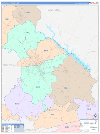 Greenwood County, SC ColorCast style ZIP Code wall map