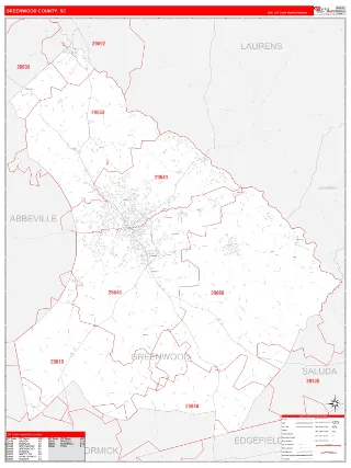 Greenwood County, SC RedLine style ZIP Code wall map