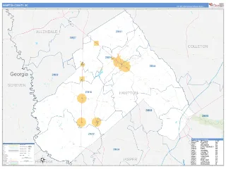 Hampton County, SC Business Reference style ZIP Code wall map