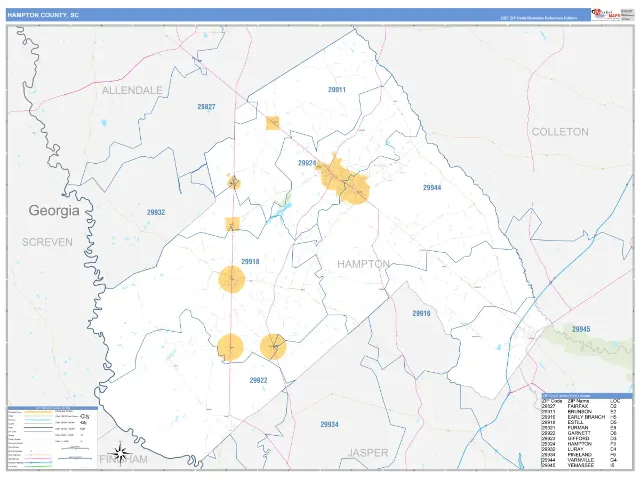 Hampton County, SC ZIP Code Wall Map, Business Reference style