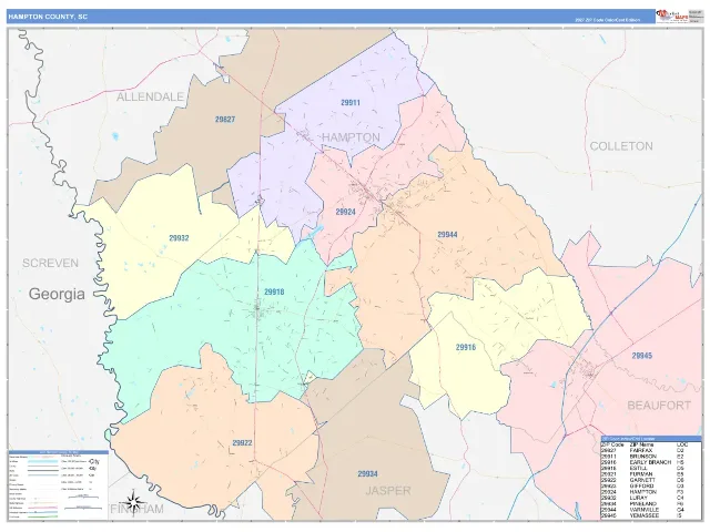 Hampton County, SC ZIP Code Wall Map, ColorCast style
