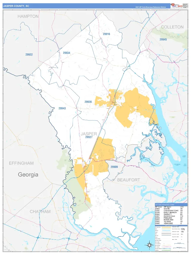 Jasper County, SC ZIP Code Wall Map, Business Reference style