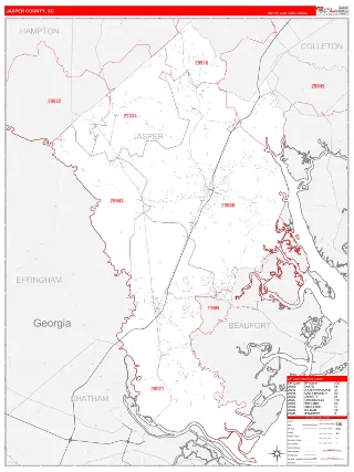 Jasper County, SC RedLine style ZIP Code wall map