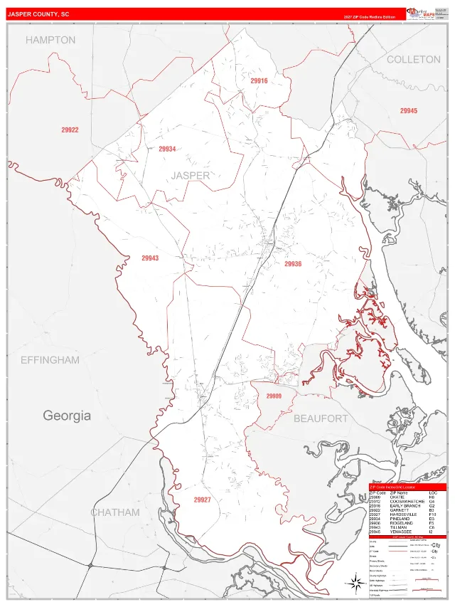 Jasper County, SC ZIP Code Wall Map, RedLine style